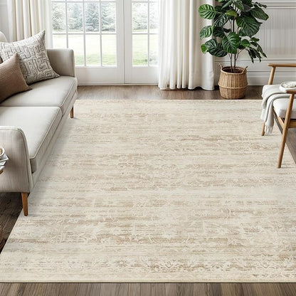 6x9 Area Rugs for Living Room, Stain Resistant Neutral Washable Rugs for Dining Room, Floral Vintage Non-Slip Thin Area Rug Farmhouse Rug Beige Ivory
