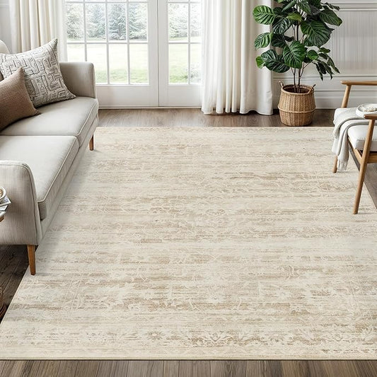 6x9 Area Rugs for Living Room, Stain Resistant Neutral Washable Rugs for Dining Room, Floral Vintage Non-Slip Thin Area Rug Farmhouse Rug Beige Ivory