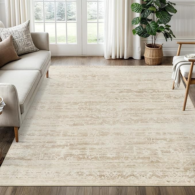 Area Rugs 5x7 for Living Room, Floral Washable Rugs for Dining Room, Bedroom, Kitchen, Vintage Non-Slip Thin Area Rug Beige Ivory