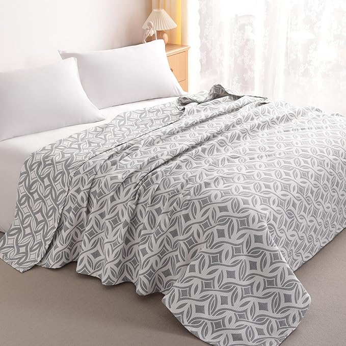 NTBAY 3 Layers Cotton Muslin 68x92 Twin Bed Blanket, Super Soft Breathable Thermal Yarn Dyed Quilt for Adults, Perfect Lightweight Blanket for Couch Sofa Bed All Seasons, Grey Twisted Line