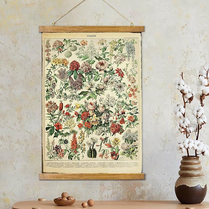 ABoby Vintage Wildflowers Hanging Poster, Retro Style of Botanical Wall Art Prints, Printed on Linen with Wood Frames, Ready to Hang