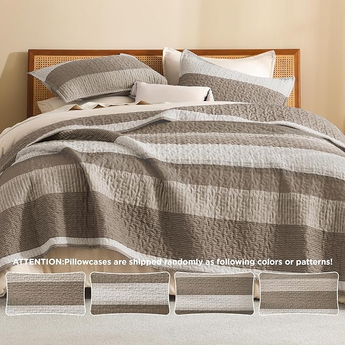Litanika California King Quilt Set Hazel - Cal King Oversized Stripe Comforter Bedspreads & Coverlets - Soft Lightweight Quilted Bedding Set for All Season(1 Quilt, 2 Pillowcases)