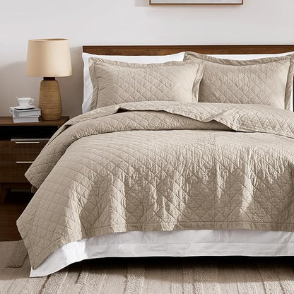WDCOZY 100% Pre-Washed Cotton King Size Quilt Set - Beige Neutral Ruffle Box Soft Lightweight Bedspread, Textured Like Linen, Farmhouse Country Rustic Coverlet, Shabby Chic Gauze Bedding, 3 Pieces