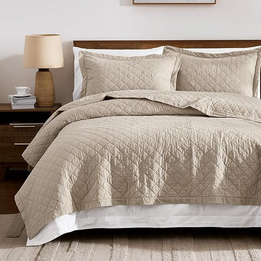 WDCOZY 100% Pre-Washed Cotton Oversized King Size Quilt Set - Beige California Cal King Soft Lightweight Bedspread, Textured Like Linen, Farmhouse Country Rustic Coverlet, Diamond Stitch Bedding
