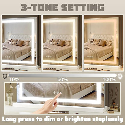 HNV 22.8"x18" Lighted Makeup Mirror with 10X Magnification, LED Vanity Mirror with 3-Color Dimmable Touch Control, Tabletop or Wall-Mounted Makeup Mirror, White