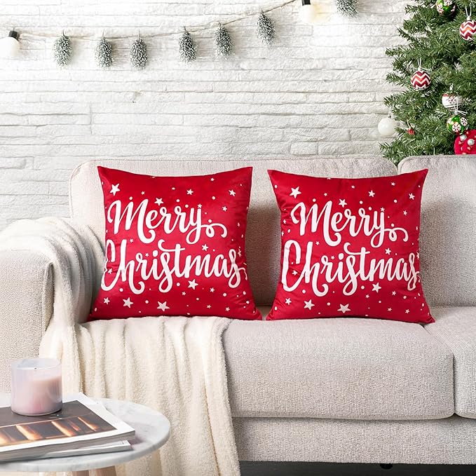 PAVILIA Holiday Throw Pillow Covers 20x20 Set of 2, Decorative Pillow Cases Bed Sofa Couch, Winter Accent Decor Cushion Bedroom Living Room, Velvet Square Euro Sham Covers, Merry Christmas Text Red