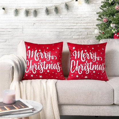 PAVILIA Holiday Throw Pillow Covers 20x20 Set of 2, Decorative Pillow Cases Bed Sofa Couch, Winter Accent Decor Cushion Bedroom Living Room, Velvet Square Euro Sham Covers, Merry Christmas Text Red