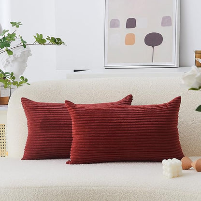 Home Brilliant Lumbar Throw Pillow Covers 12x20 inch 2 Pack Solid Striped Corduroy Dark Red Rectangle Pillow Cover for Sofa Couch Wedding Valentines Decorations, 12 x 20 inch, Burgundy
