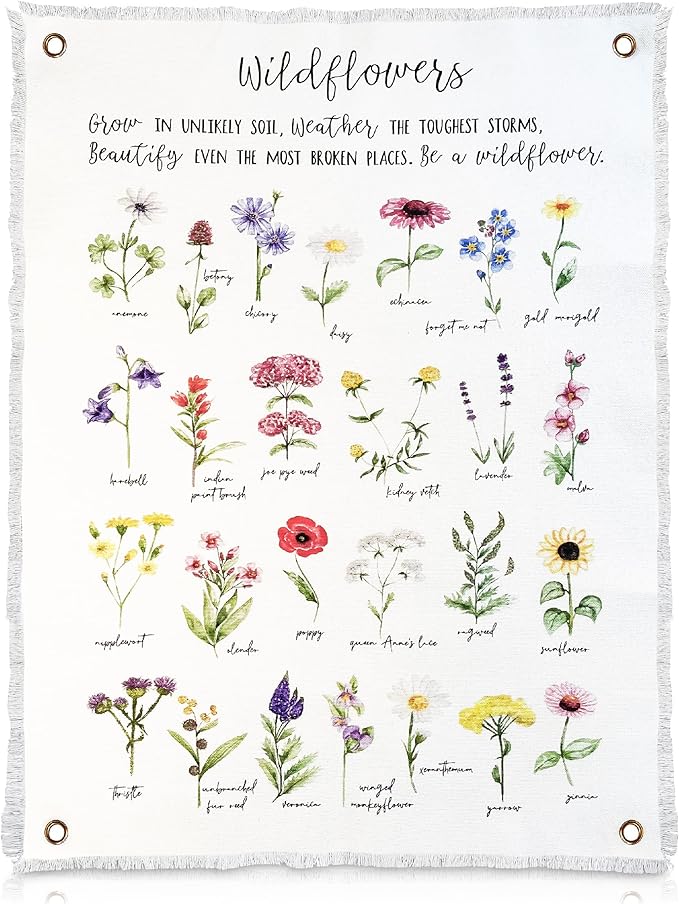 Botanical Inspirational Wall Art Flower Poster - 18” x 24” Cotton Canvas Wildflower Fabric Wall Hangings | Rustic & Farmhouse Style Watercolor Floral Art for School | Bedroom Decor for Women