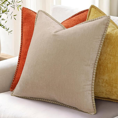decorUhome Spring Chenille Soft Throw Pillow Covers 18x18 Set of 2, Farmhouse Velvet Neutral Decorative Pillow Covers with Stitched Edge for Couch Sofa Bed Home Decor, Beige