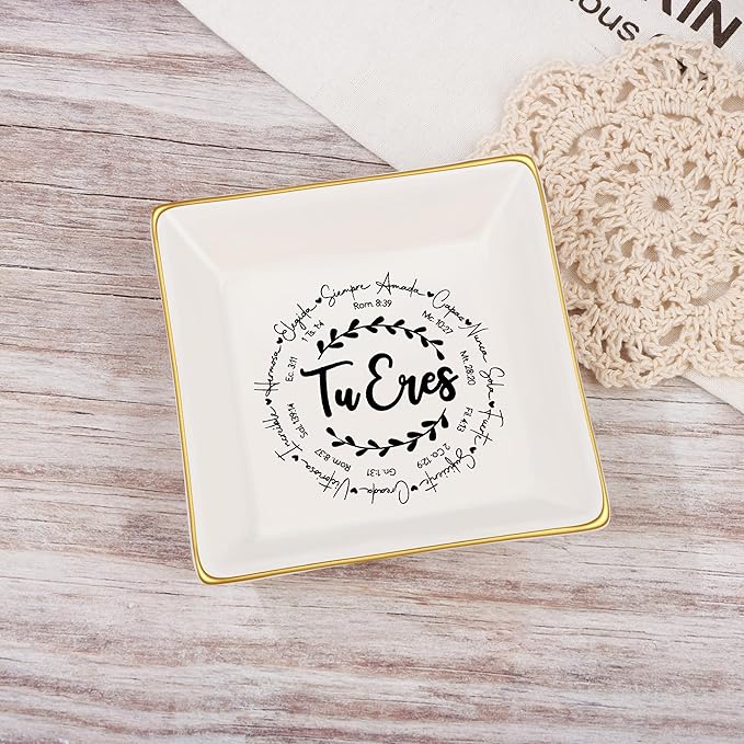 JoycuFF Christian Gifts for Girls Women Religious Ceramic Trinket Dish Tray for Womens Inspirational Faith Easter Catholic Christian Jewelry, Meaningful Communion Baptism Tu Eres