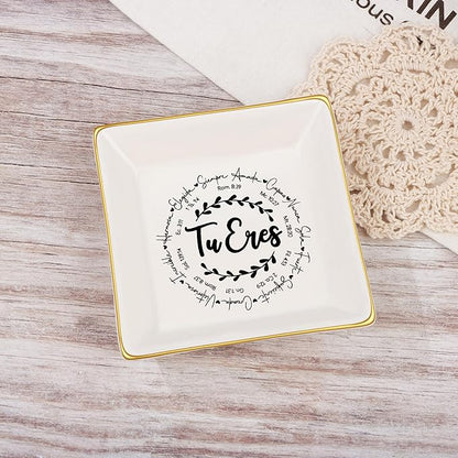 JoycuFF Christian Gifts for Girls Women Religious Ceramic Trinket Dish Tray for Womens Inspirational Faith Easter Catholic Christian Jewelry, Meaningful Communion Baptism Tu Eres