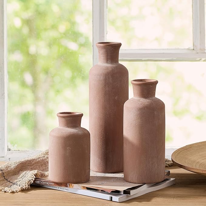 LUKA Ceramic Rustic Farmhouse Vase,Terracotta Vases for Decor,Vase Set of 3,Vases for Your Bedroom,Office,Living Room,Fireplace,Bookshelf Decor,Housewarming 10+7.5+5 Inch