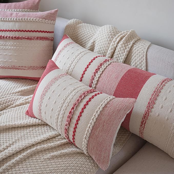 Valentines Lumbar Pillow Covers 14x36 Inch Long, Red Textured Boho Valentines Day Decoration Pillow Cases for Farmhouse Home Decor, Accent Cushion Cover for Sofa, Bed, Living Room, Bedroom, Pack of 1