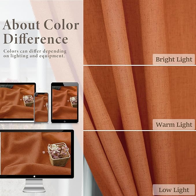 Burnt Orange Curtains 90 Inches Long for Living Room 2 Panels Set Back Tab Rod Pocket Linen Semi Sheer Copper Brown Rust Colored Curtain for Bedroom Dining Office Western Southwest Decor 52x90 Length