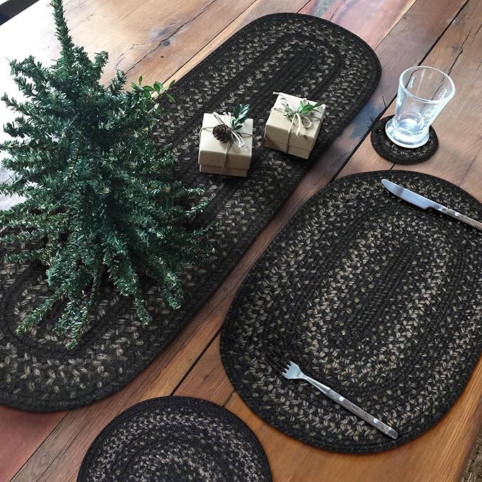 Homespice Jet Black Braided Oval Placemats, Warm Primitive Decor, Set of 6, 13x19 Jute Table Mats - Vibrant Colors, Durable, Easy to Clean and Protects Furniture