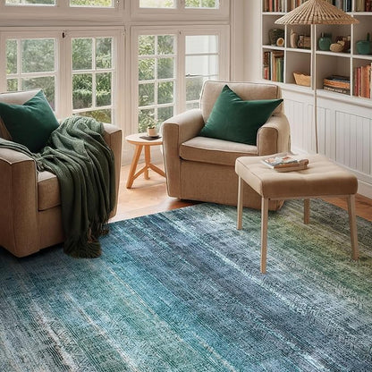Kokia Abstract Area Rugs 8x10 Bedroom Soft Living Room Rugs Washable Distressed Vintage Comfy Blue Carpet with Non-Slip Backing for Farmhouse Home Office Room Decor, Oslo Teal