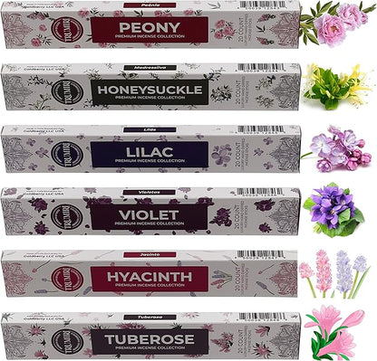 Blossom Incense Sticks Variety Pack - 120 Insence-Sticks (6 Incents x 20 Insense) - Peony Honeysuckle Lilac Violet Hyacinth Tuberose - Natural Inscents-Sticks Non Toxic Incienso + Stick Incense Holder
