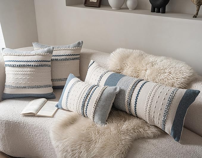 Boho Lumbar Pillow Covers 14x36 Inch Long, Blue Textured Decorative Couch Pillow Cases for Farmhouse Home Decor, Accent Cushion Cover for Sofa, Bed, Living Room, Bedroom, Pack of 1