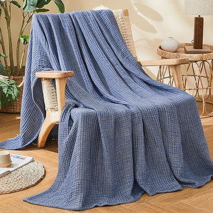 EMME Cotton Muslin Twin XL Blanket Breathable Gauze Soft Lightweight Adults Gifts for Women (Heather Navy, 66"x90")
