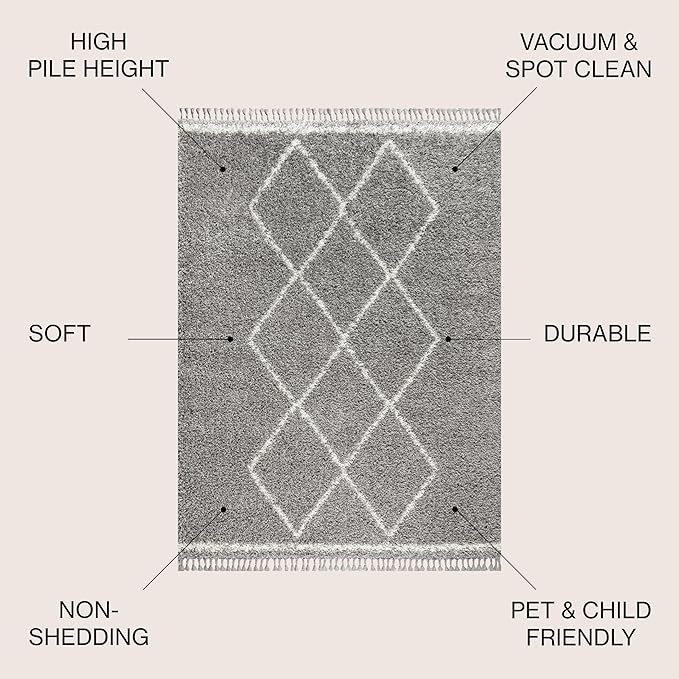JONATHAN Y Mercer Shag Plush Tassel Gray/Cream Indoor Area Rug, 3x5, Moroccan Geometric Trellis, Bohemian, Easy-Cleaning for Living Room, Bedroom, Kitchen, Pet Friendly, Non-Shedding (MCR103C-3)