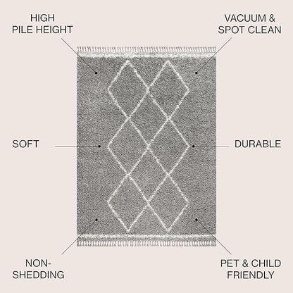 JONATHAN Y Mercer Shag Plush Tassel Gray/Cream Indoor Area Rug, 3x5, Moroccan Geometric Trellis, Bohemian, Easy-Cleaning for Living Room, Bedroom, Kitchen, Pet Friendly, Non-Shedding (MCR103C-3)