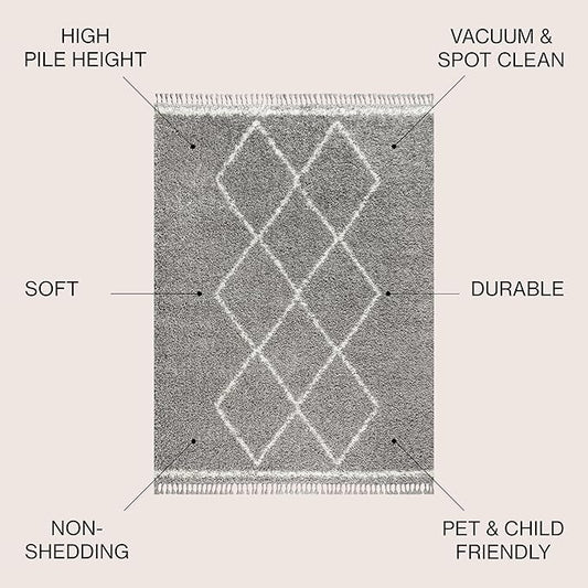 JONATHAN Y Mercer Shag Plush Tassel Gray/Cream Indoor Area Rug, 3x5, Moroccan Geometric Trellis, Bohemian, Easy-Cleaning for Living Room, Bedroom, Kitchen, Pet Friendly, Non-Shedding (MCR103C-3)