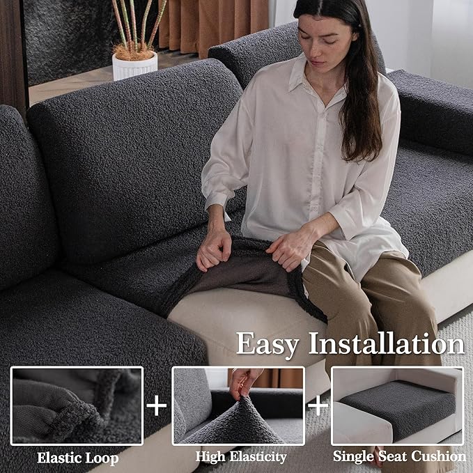 Couch Cushion Covers for Sectional Sofa, Stretch Soft Sofa Slipcovers Washable Wear-Resistant Universal Furniture Protector for Living Room(1 Piece Chaise Cover, Dark Gray)