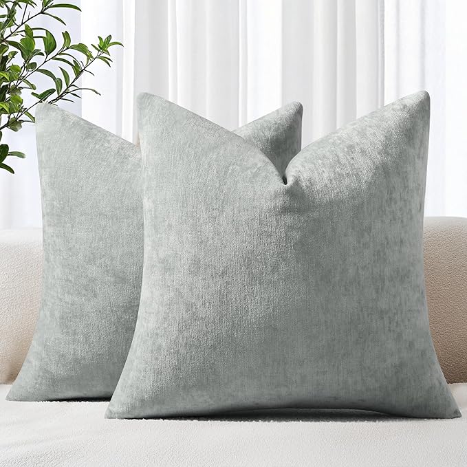 decorUhome Chenille Grey Spring Throw Pillow Covers 16x16 Inch Set of 2, Decorative Soft Couch Pillow Covers Solid Dyed Accent Farmhouse Neutral Square Pillow Cases for Sofa