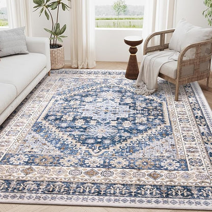 zesthome 4x6 Rug - Stain Resistant Washable Rug, Anti Slip Backing Rugs for Living Room, Foldable Vintage Small Area Rugs (Blue/Beige,4'x6')