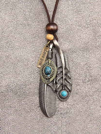Leather Necklace for Women Boho Choker Necklace Long Cord Leather Pendant Bohemian Neckalce Vintage Alloy Pendant Leather Rope Necklace Wooden Necklaces for Women