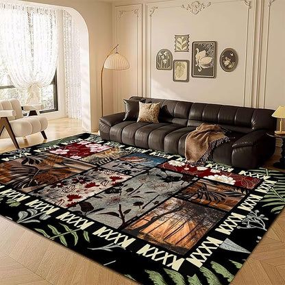 Jungle Floral Area Rugs 6x9ft, Tropical Leaf Print Washable Carpet, Non-Slip Soft Low Pile Accent Mat for Bedroom, Dining Room, Nursery, Playroom