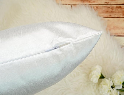 Aiking Home 12x18 Inches Faux Silk Rectangular Throw Pillow Cover, Zipper Closure, White (Set of 2)