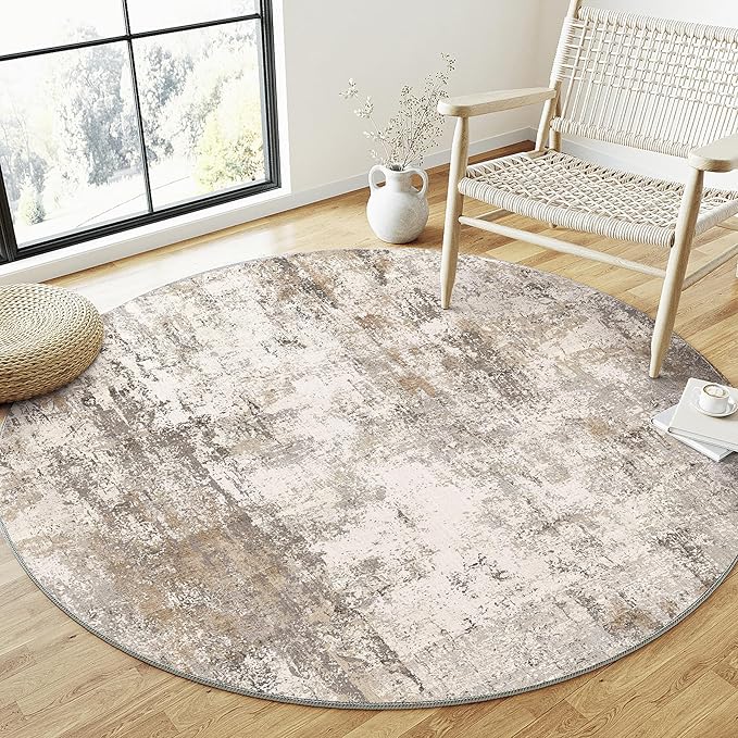 3x3 Washable Round Rug Brown Grey Abstract Entryway Area Rug Neutral Modern Non Slip Soft Low Pile Small Carpet for Bathroom Kitchen Living Room Bedroom