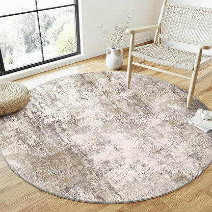 3x3 Washable Round Rug Brown Grey Abstract Entryway Area Rug Neutral Modern Non Slip Soft Low Pile Small Carpet for Bathroom Kitchen Living Room Bedroom