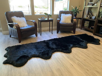 LAMBZY Faux Sheepskin Super Soft Hypoallergenic Silky Shag Rug for Living Room, Kids Room, Sofa (5 Pelts Side by Side 3'x10', Black)
