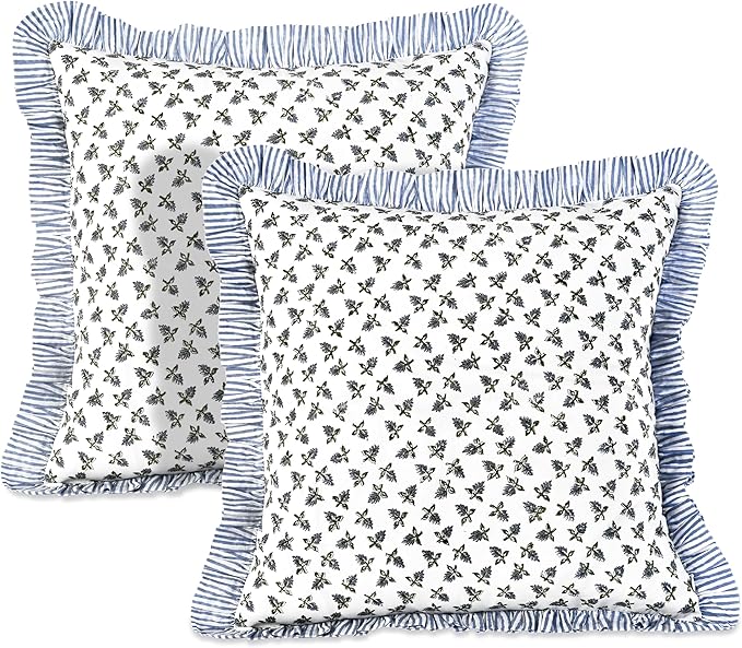 Ridhi Baby Blossams Modern Farmhouse Pillow 20x20 Block Print Cotton Throw Pillow Covers Set of 2 Cushion Covers with Ruffle Couch Sofa Bed Living Room Home Decor Christmas, Thanksgiving