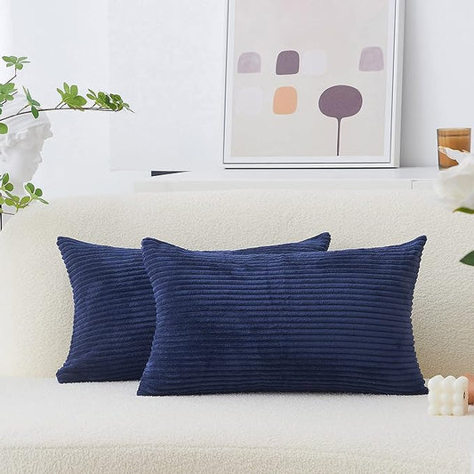 Home Brilliant Throw Pillow Covers 12x20 Decorative Plush Striped Velvet Corduroy Oblong Rectangular Accent Cushion Cover, 12 x 20 inch, Navy Blue