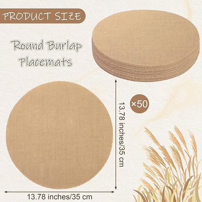 Aneco 50 Pieces Round Burlap Placemats 13.78 Inch Reusable Brown Table Mats Heat Resistant Natural Jute Fibers Placemats Burlap Circle Rustic Table Decorations for Dinner Holiday Farmhouse Decor