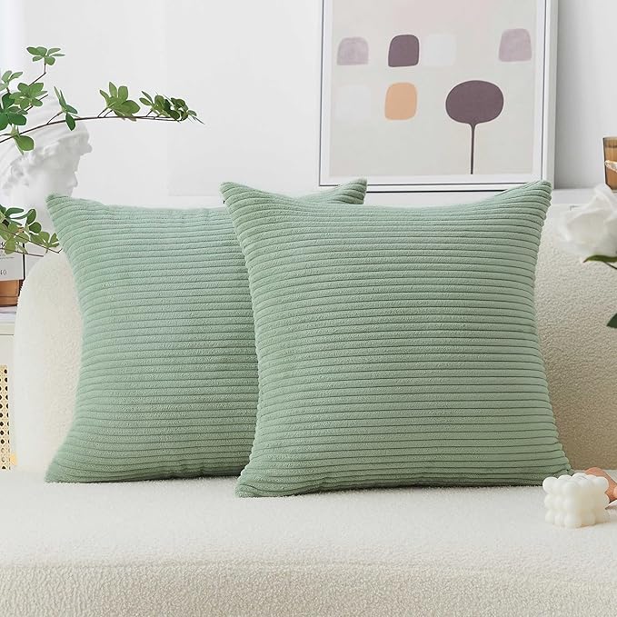 Home Brilliant Sage Green Throw Pillow Covers Couch Spring Pillow Covers Set of 2 Super Soft Striped Corduroy Pillowcases for Chair Couch Decor, 55cm, 22 x 22 Inch, Iceburg Green