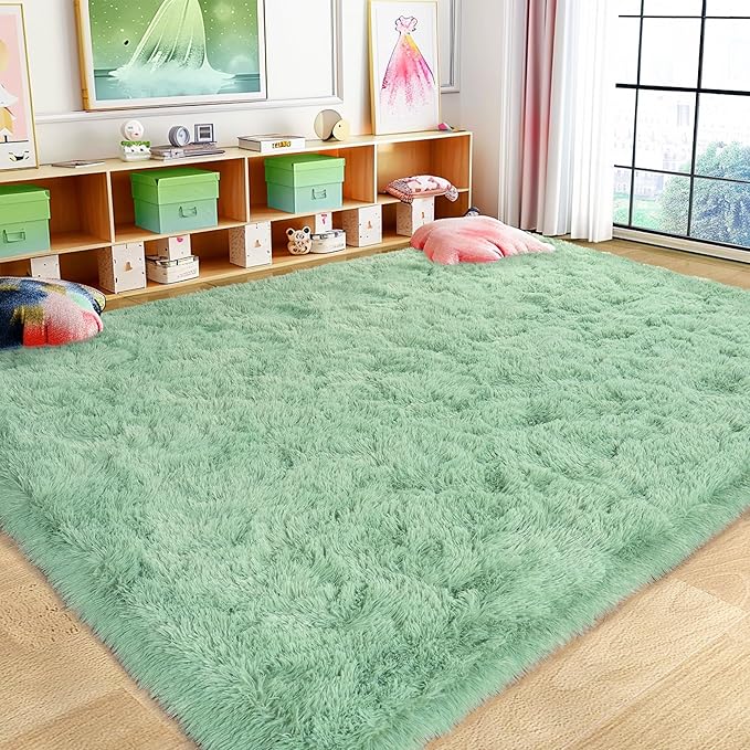 Large 9x12 Area Rugs for Living Room, Ultra Soft Shag Living Room Rug Thick Fluffy Rug for Bedroom, Plush Fuzzy Carpet for Girls Boys Kids Room Non Slip Dorm Home Decor Aesthetic, Sage Green