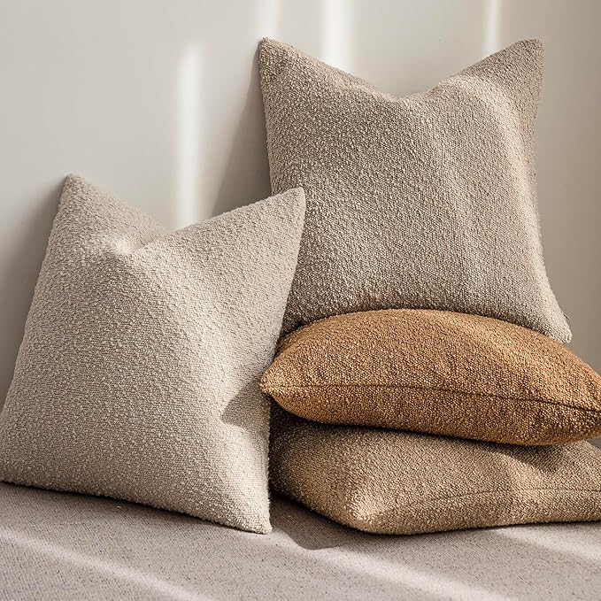 Foindtower Decorative Boucle Throw Pillow Covers Accent Solid Pillow Cases Cozy Soft Textured Couch Cushion Case for Chair Sofa Bedroom Living Room Home Decor 22 x 22 Inch,Tobacco