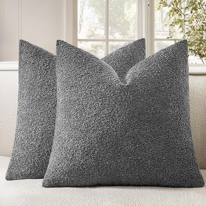 Woaboy Pack of 2 18x18 Inch Decorative Boucle Throw Pillow Covers Textured Square Pillowcaes Accent Solid Cozy Soft Cushion Covers Home Decor for Sofa Couch Living Room Home Decor,Dark Gray