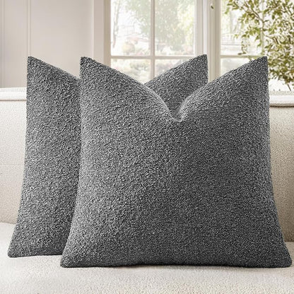 Woaboy Pack of 2 18x18 Inch Decorative Boucle Throw Pillow Covers Textured Square Pillowcaes Accent Solid Cozy Soft Cushion Covers Home Decor for Sofa Couch Living Room Home Decor,Dark Gray