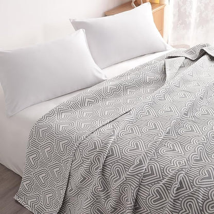 NTBAY 3 Layers Cotton Muslin 68x92 Twin Bed Blanket, Super Soft Breathable Thermal Yarn Dyed Quilt for Adults, Perfect Lightweight Blanket for Couch Sofa Bed All Seasons, Grey Heart