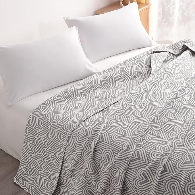 NTBAY 3 Layers Cotton Muslin 106x92 King Bed Blanket, Super Soft Breathable Thermal Yarn Dyed Quilt for Adults, Perfect Lightweight Blanket for Couch Sofa Bed All Seasons, Grey Heart