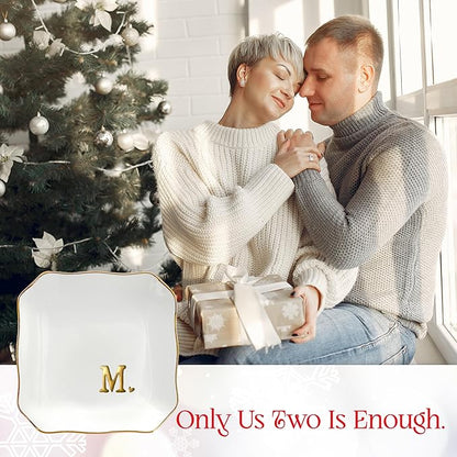 OASSIE Valentines Day Gifts for Her - 4"x4" Initials Ceramic Jewelry Dish Tray Letter M - Engagement Gift for Couples, Wedding Bridal Shower Gift for Bride, Monogrammed Gifts for Women Friends Mom