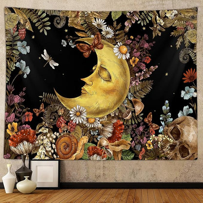 Sanzugh Boho Moon Tapestry, Vintage Mushroom Sun and Moon Art Tapestries Wall Hanging for Bedroom Aesthetic Botanical College Dorm Room Fairy Decor 60X40 Brown Retro Skull Poster