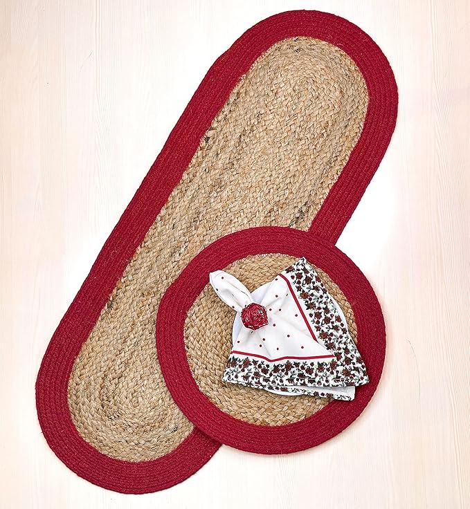 CHARDIN HOME Round Verona Woven Jute & Cotton Braided PLACEMAT (Set of 4), Size -15 inch, Round, Color - Natural Jute with Red Border
