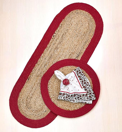 CHARDIN HOME Round Verona Woven Jute & Cotton Braided PLACEMAT (Set of 4), Size -15 inch, Round, Color - Natural Jute with Red Border